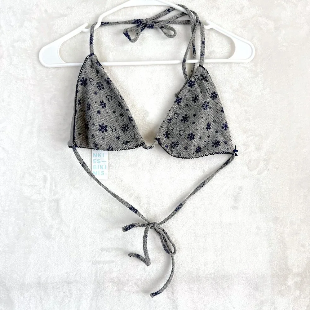 FRANKIES BIKINIS Tia Waffle Thermal Triangle Bikini Top L Gray Apres Ski NEW